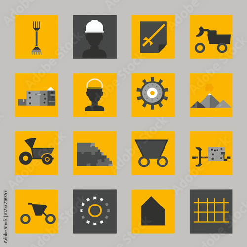 Set of 16 flat industrial and mining icons on a yellow and grey background