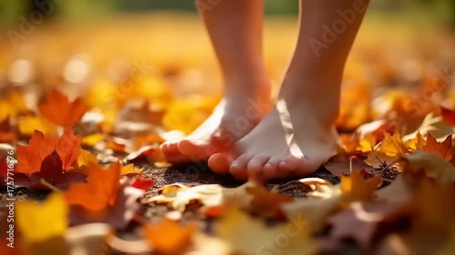 Bare feet standing in fall foliage.