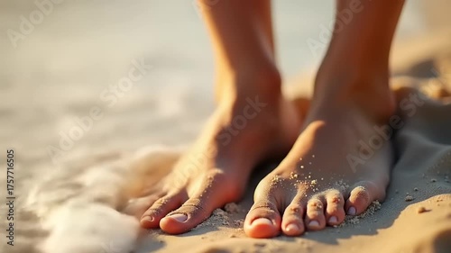 Bare Feet Standing on Sand Beach.