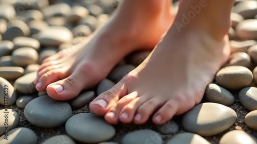 Bare feet standing on smooth grey pebbles.