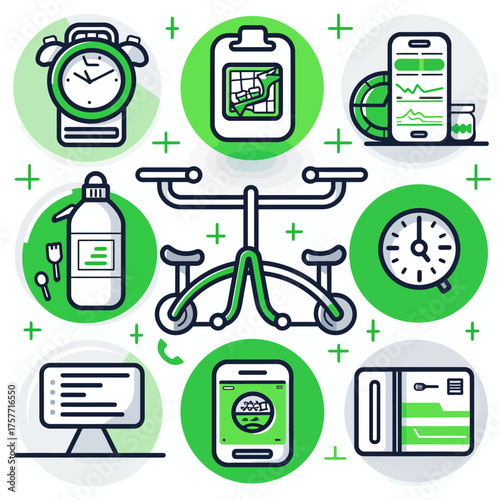 A graphic illustration of health and fitness icons with a central tandem bicycle