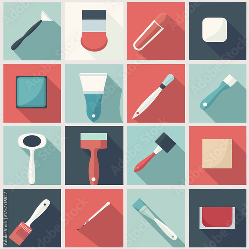 A grid showcases flat design illustrations of various tools, including brushes, scrapers, and other painting essentials