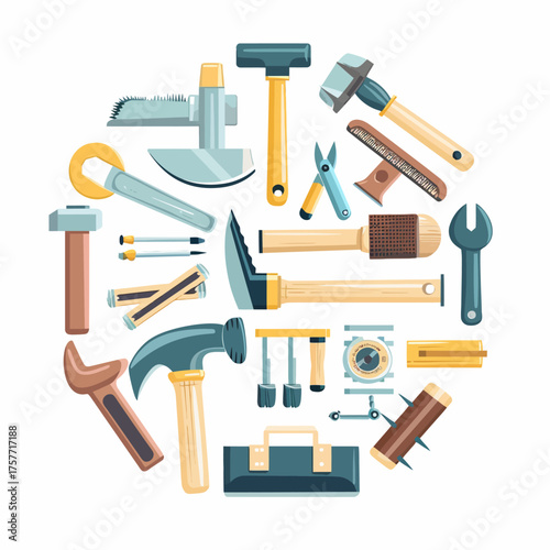 A circular arrangement of various hand tools, including hammers, wrenches, and saws