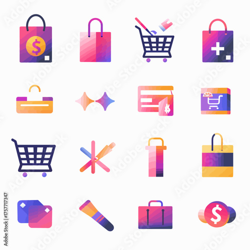 Collection of colorful iconographic symbols relating to shopping, finance, and miscellaneous items on a white background