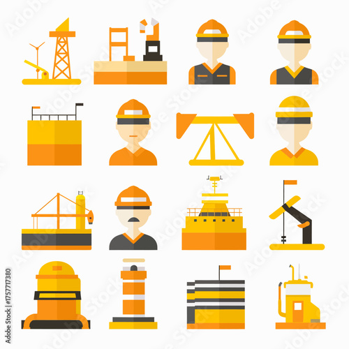 Sixteen flat graphic illustrations of industry elements, including workers and machinery, in orange and yellow