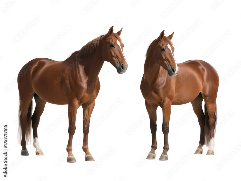 Fototapeta premium Two brown horses are standing side by side with a clear background, showcasing their graceful forms.