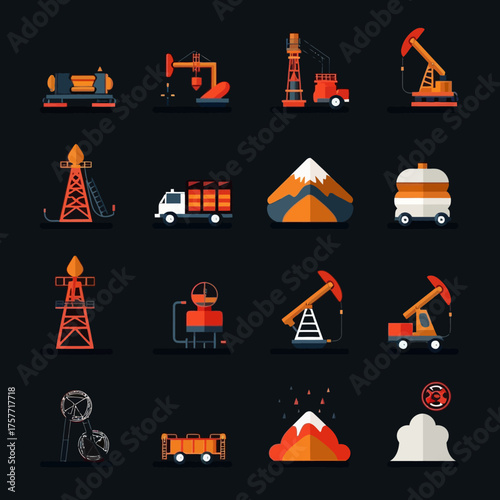 A collection of flat design illustrations depicting various aspects of oil and gas industry processes