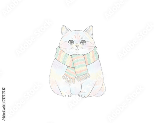 Cute chubby cat with a pastel striped scarf, charming watercolor illustration for winter, for kids, nursery decor, and greeting cards, isolated. PNG.