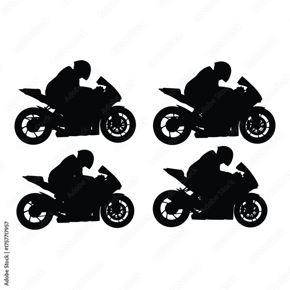 Obraz premium Four silhouettes of sport motorcycles with riders in dynamic poses ready for speed vector