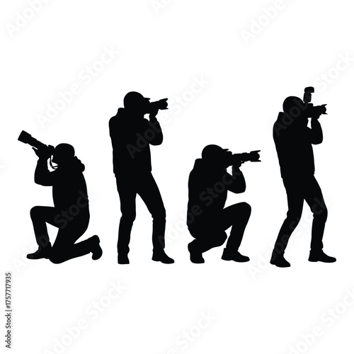 Silhouettes of photographers capturing moments with cameras in dynamic poses vector