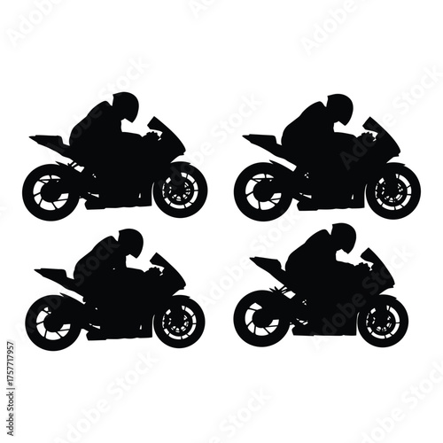 Four silhouettes of sport motorcycles with riders in dynamic poses ready for speed vector