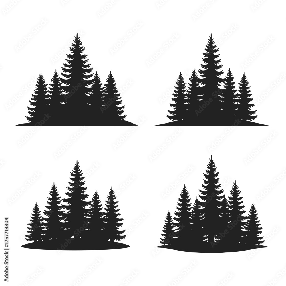 Obraz premium Set of four silhouetted evergreen pine tree clusters artistic design elements vector