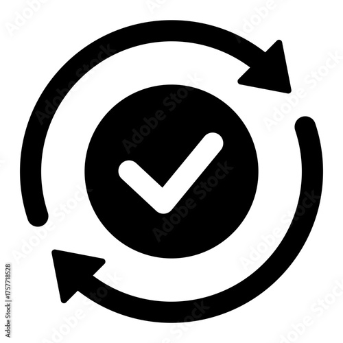 Black round checking process sync approved icon, simple turning arrows syncing flat design pictogram vector for app logo ads web webpage button ui ux interface elements isolated on white background