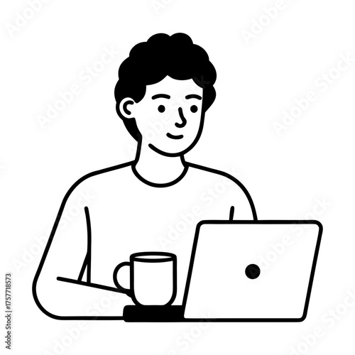 Person working on a laptop with a coffee mug on a black background
