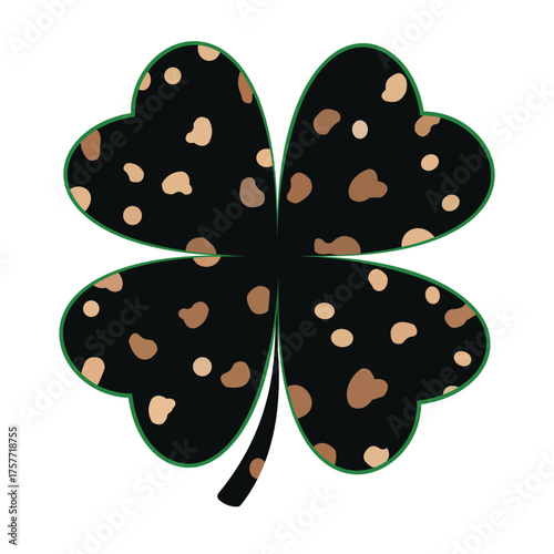 Creative design vector art of a black fourleaf clover with a pattern of brown and beige spots, isolated on a, symbolizing luck and good fortune