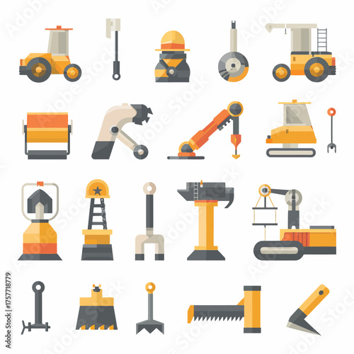 A vector image showcasing a collection of various construction equipment and tools, in a flat, geometric style