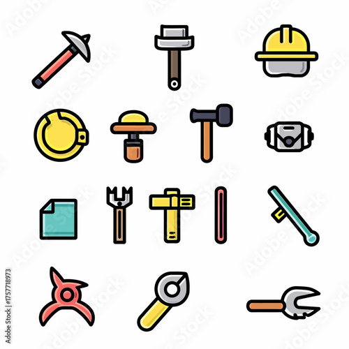 A collection of colorful cartoon illustrations featuring various tools, each with bold outlines and filled