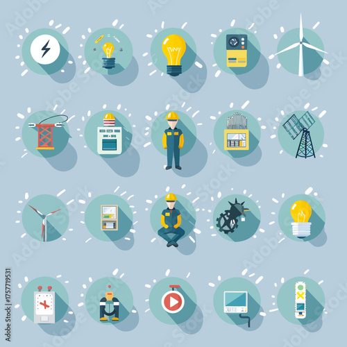 A grid of 20 flat design icons, depicting electricity, engineering, and renewable energy concepts