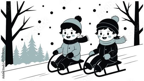 Children Sledding Vector – Joyful Kids in Snowy Winter Landscape © Vector Lux