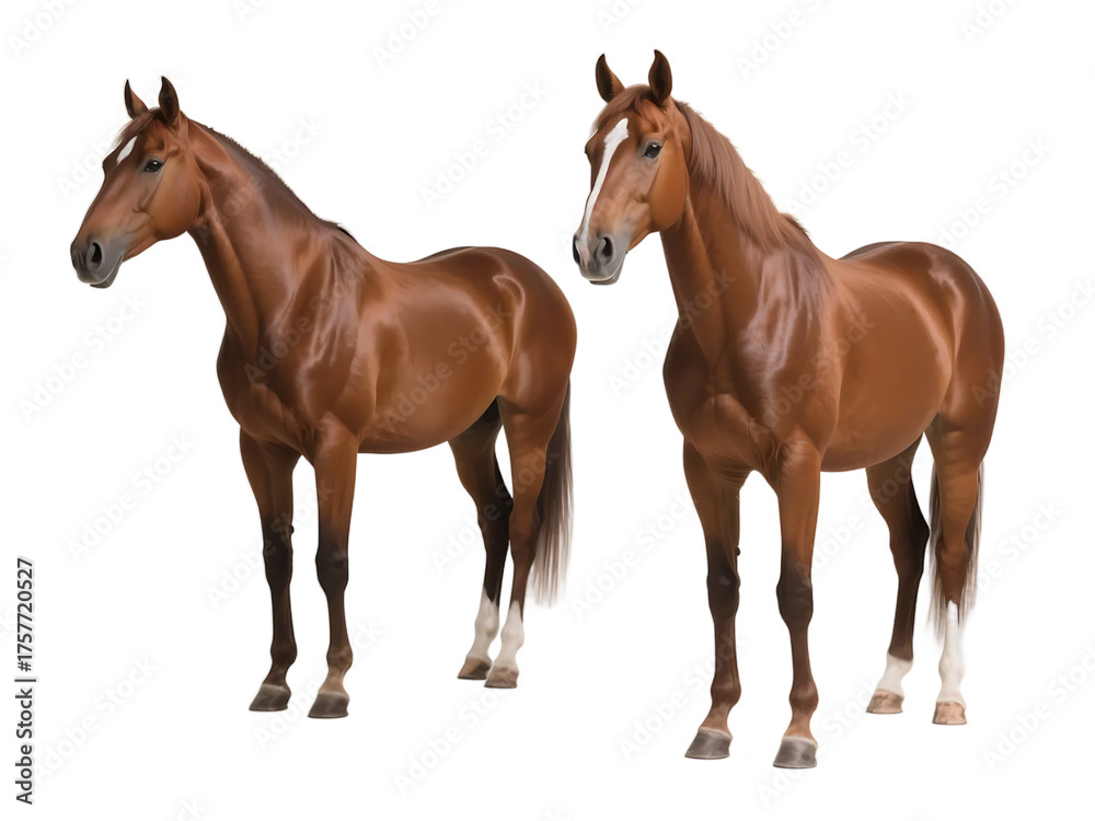 Naklejka premium Two brown horses with well-defined features standing on a plain background, showcasing their elegant forms.