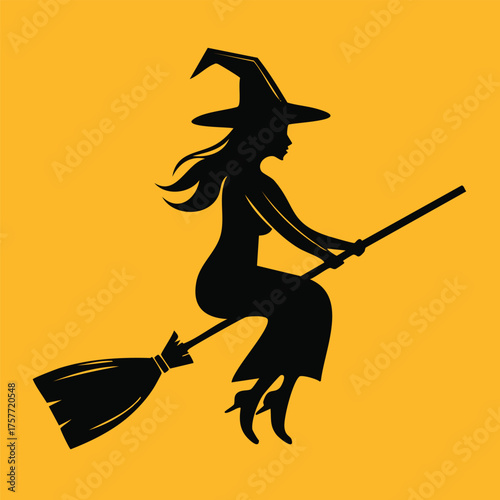 Elegant black silhouette of a beautiful witch flying on a broomstick.
