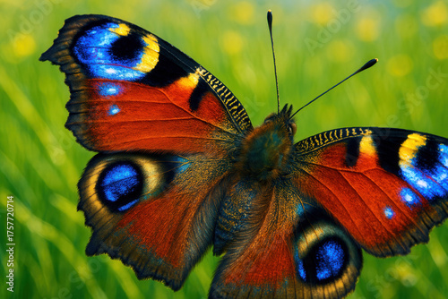 Vivid Peacock Butterfly Displaying Blue and Orange Wings with Eyespots on Lush Green Grass Setting