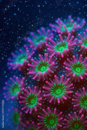 Fluorescent Pink and Green Coral Polyps Clustered in Dark Underwater Scene with Floating Particles and Bubbles