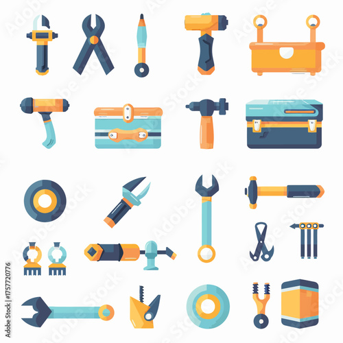 A vibrant collection of stylized, geometric tool and hardware icons on a white grid