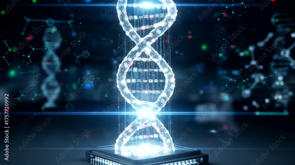 Futuristic DNA structure hologram glowing on a computer chip for technology science