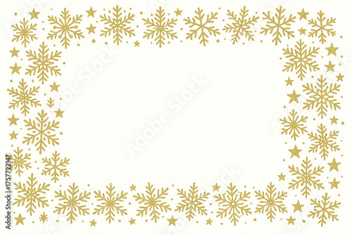 Cadre festif doré avec flocons de neige et étoiles