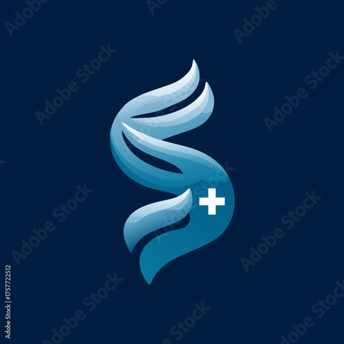 Stylized blue gradient S letter logo with medical cross. Modern healthcare, medicine, and pharmaceutical technology symbol icon.