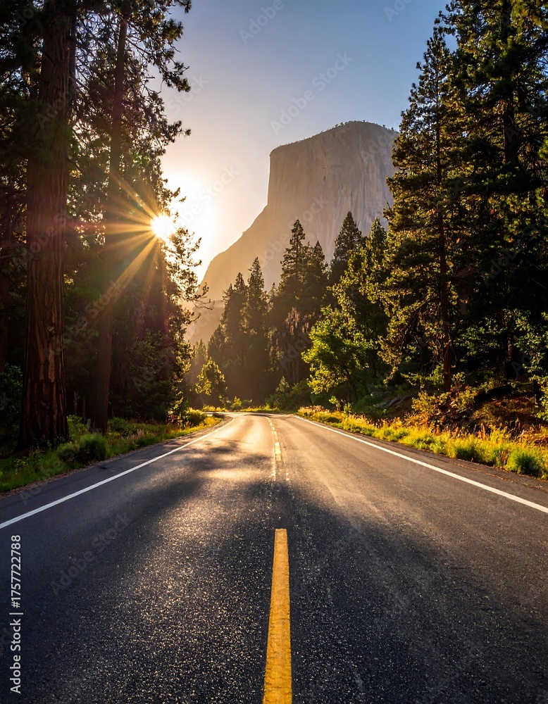 Fototapeta premium A sunlit road curves through a towering forest toward a rocky mountain