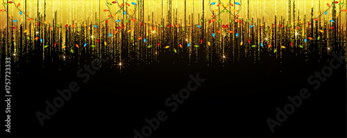 Golden glitter and sparkling light strands with multicolored bulbs on black background. Dripping sparkle particles border banner. Vector illustration.