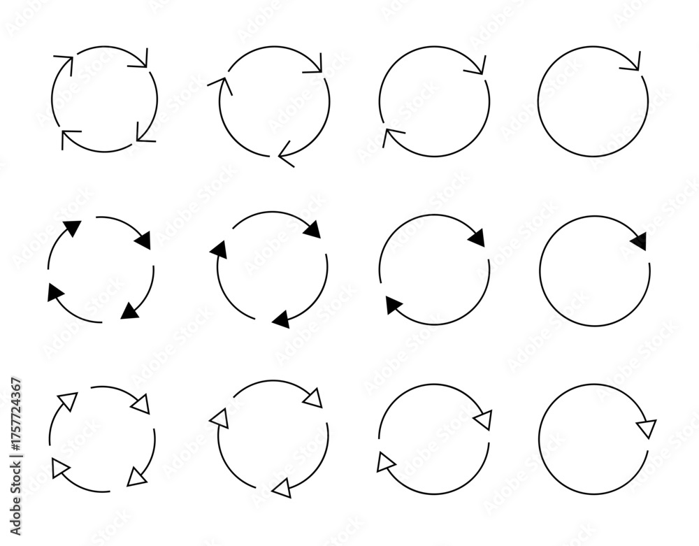 Fototapeta premium Different circular arrows of black color, different thickness and size. Vector