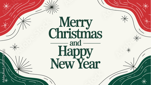 Merry christmas and happy new year greeting with festive abstract shapes and starbursts