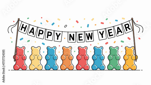 Happy new year banner with colorful gummy bears and confetti