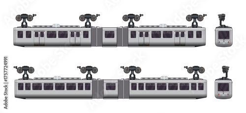 Passenger cable tram gondola commuter railway train model highly detailed flat vector set illustration