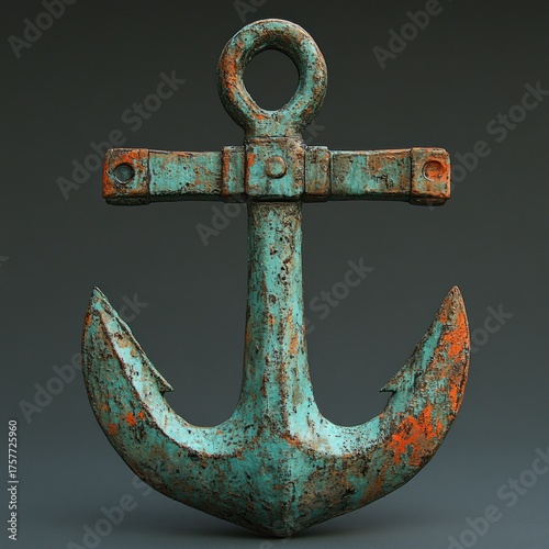A vintage anchor with turquoise and orange patina showcases its age and character