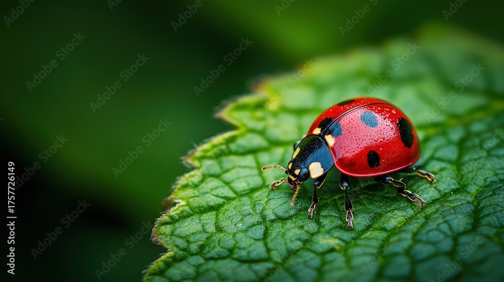 Fototapeta premium Ladybug walking on textured green leaf, showcasing its bright red shell with black spots, copy space