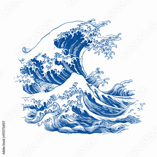 Powerful Hand-Drawn Blue Ocean Wave Illustration in Traditional Japanese Ink Sketch Style, Dynamic Water and Foam Art