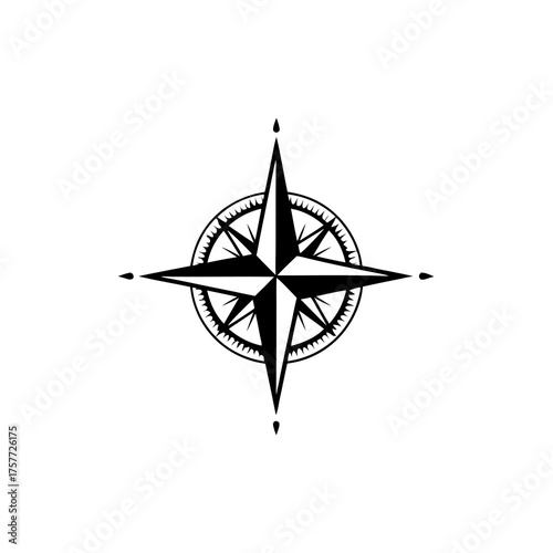 Vintage black and white compass rose icon for navigation, travel, adventure, and exploration. Detailed vector graphic.