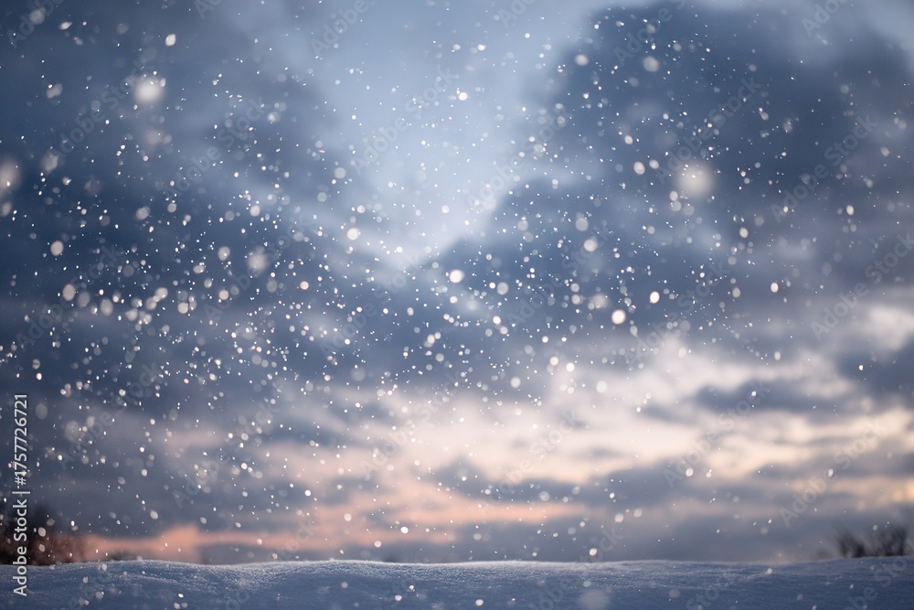 Naklejka premium Snowflakes fall gently against a cloudy sky at twilight creating a serene winter scene in a quiet landscape