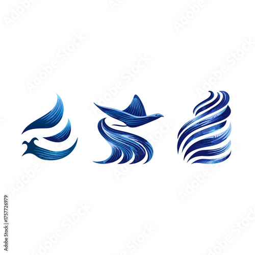 Abstract blue watercolor wave vector icons set. Fluid water splash, stylized bird, and oceanic motion graphic elements for design and branding.