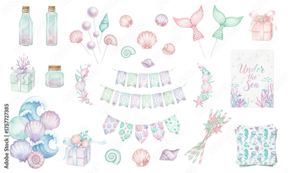 Fototapeta premium Watercolor Under The Sea Birthday Party Decoration Set
