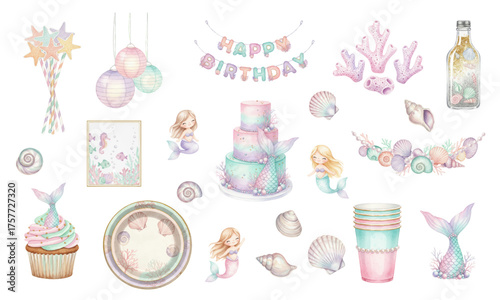 Watercolor Little Mermaid Birthday Party Elements Set