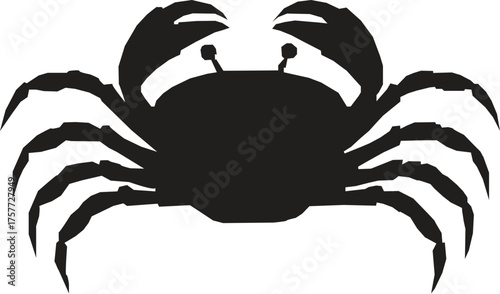 Black silhouette of a crab with raised claws on white background.