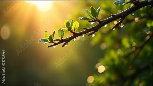 Branch with water drops in sunlight.