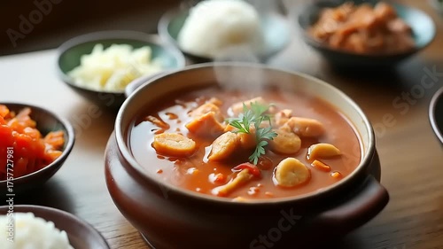 Bowl of hot soup with sausage on wooden table.