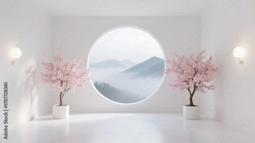 Obraz premium A bright and clean room with a round window showcasing a mountain view and two pink blossom trees in white pots.