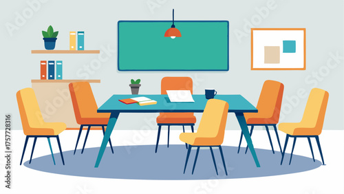 A communal study table with comfortable chairs and a whiteboard for group work.